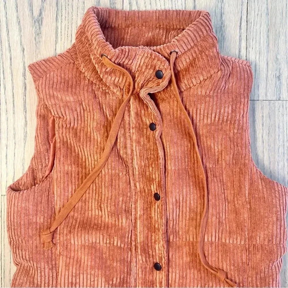Staccato On the Go Corduroy Dark Orange Puffer Vest Zip Snap Front Size Small - Picture 8 of 13